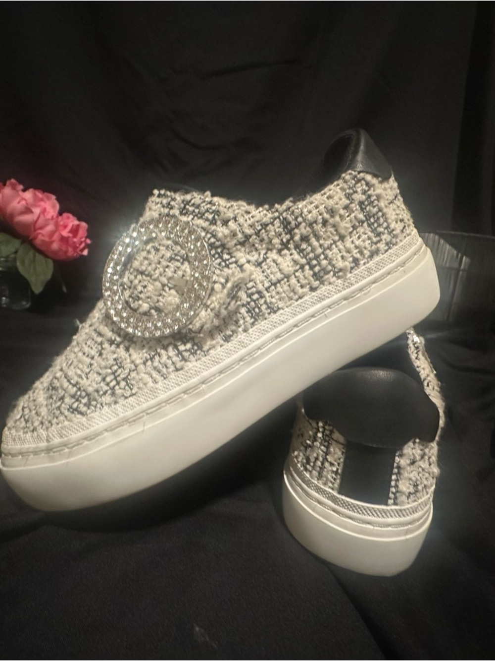 Zara Kids Tweed platform Slip-On Sneakers with Embellished Rhinestone Logo